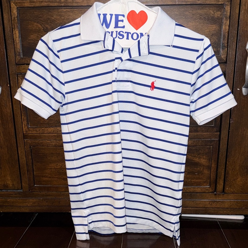 Polo by Ralph Lauren White Polo with Blue Stripes and Red Pony